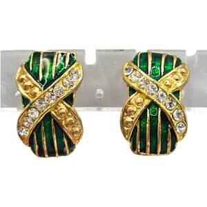 Earrings Green Enamel Clear Rhinestones Woven Gold Tone Inlay Clip On SKU 3063